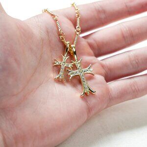gold double cross dimond stone pendant necklace